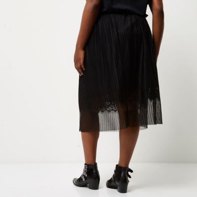 Plus black pleated lace trim midi skirt
